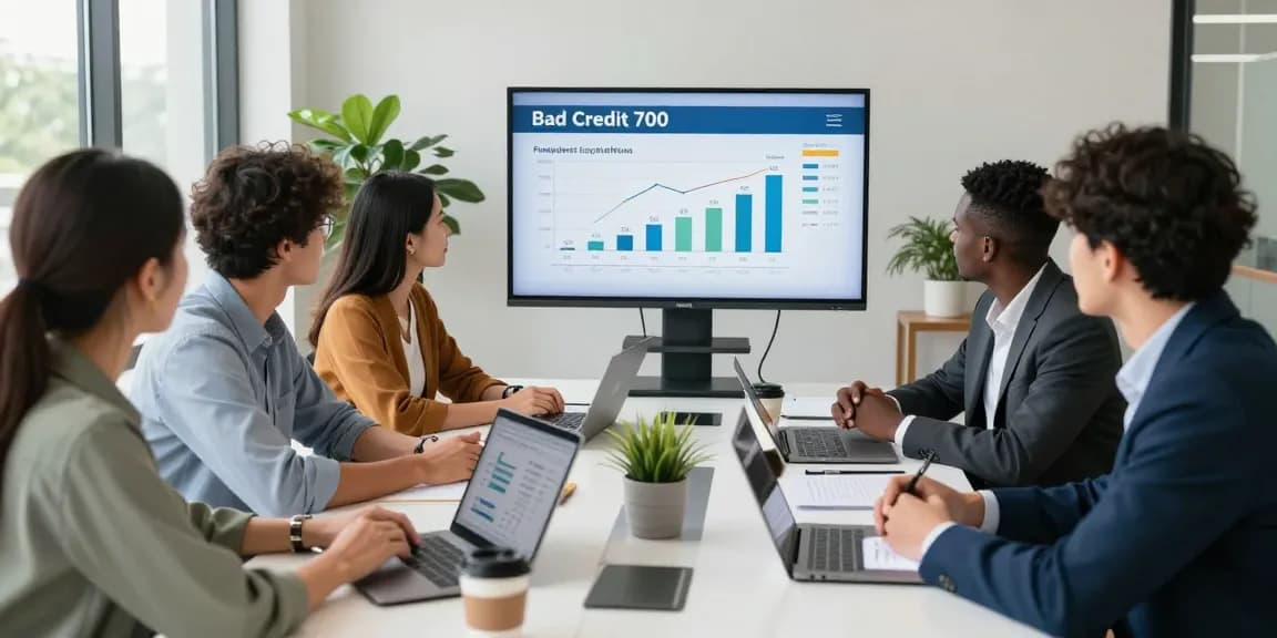 Discussing bad credit 700 loan options in a vibrant financial office.