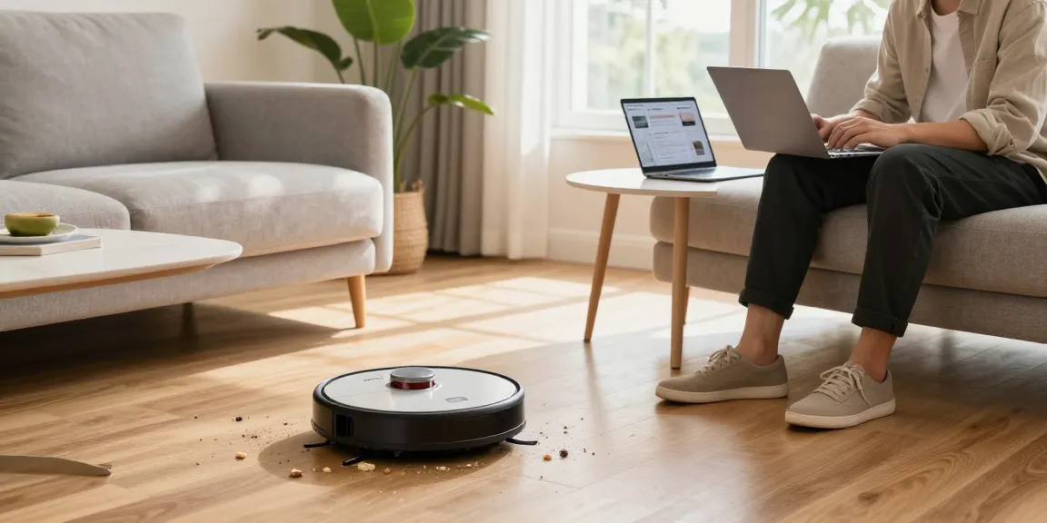 Best robot vacuum 2026 in action, effortlessly cleaning hardwood floors while a user watches from a stylish living room.