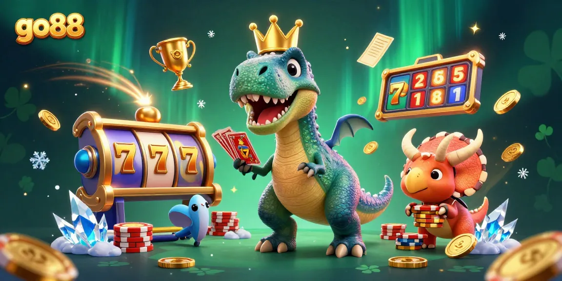 Experience the excitement at go88 with a fun-filled T-Rex and friends in a vibrant casino scene.