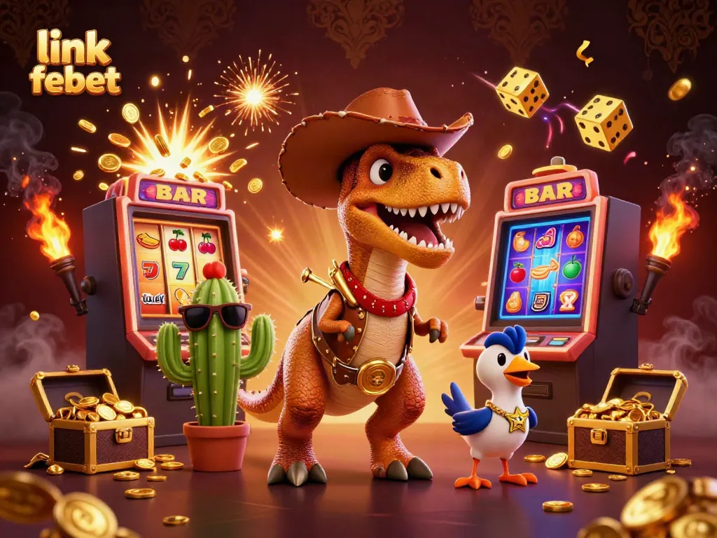 Jackpot explosion at link febet features vibrant characters celebrating wins in a dynamic casino scene.