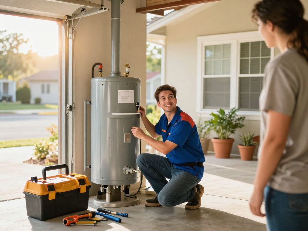 Plumbing repair Fort Worth: Professional plumber inspecting a water heater at a home in Fort Worth.