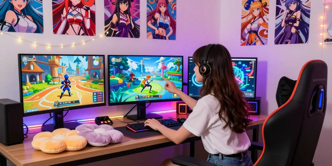 Female protagonist hentai games scene with vibrant characters and immersive storytelling elements in a colorful gaming setup.