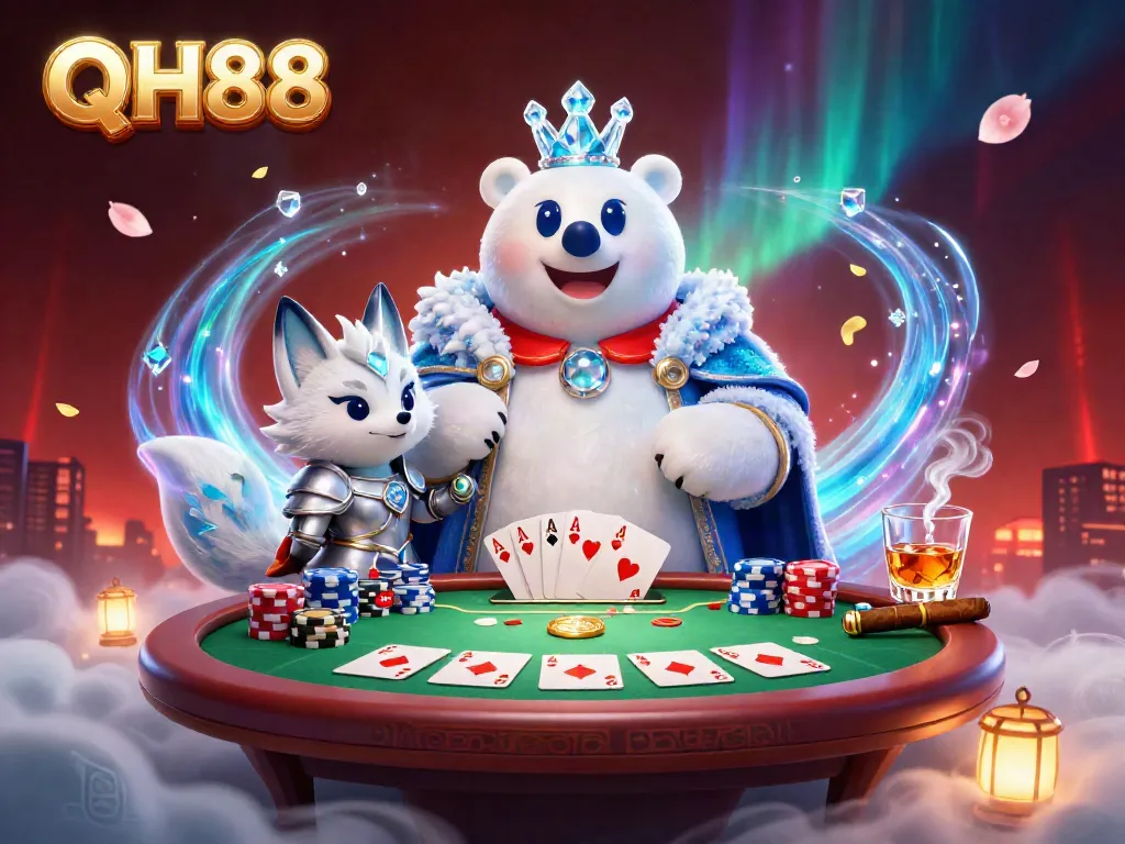 Experience thrilling QH88 gaming with a 3D ice king and fox amid vibrant casino elements.