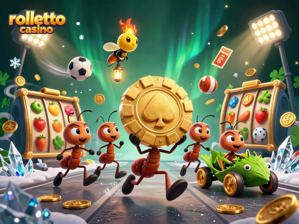 Join the rolletto casino action with ants stealing a huge poker chip amid dynamic gaming elements.