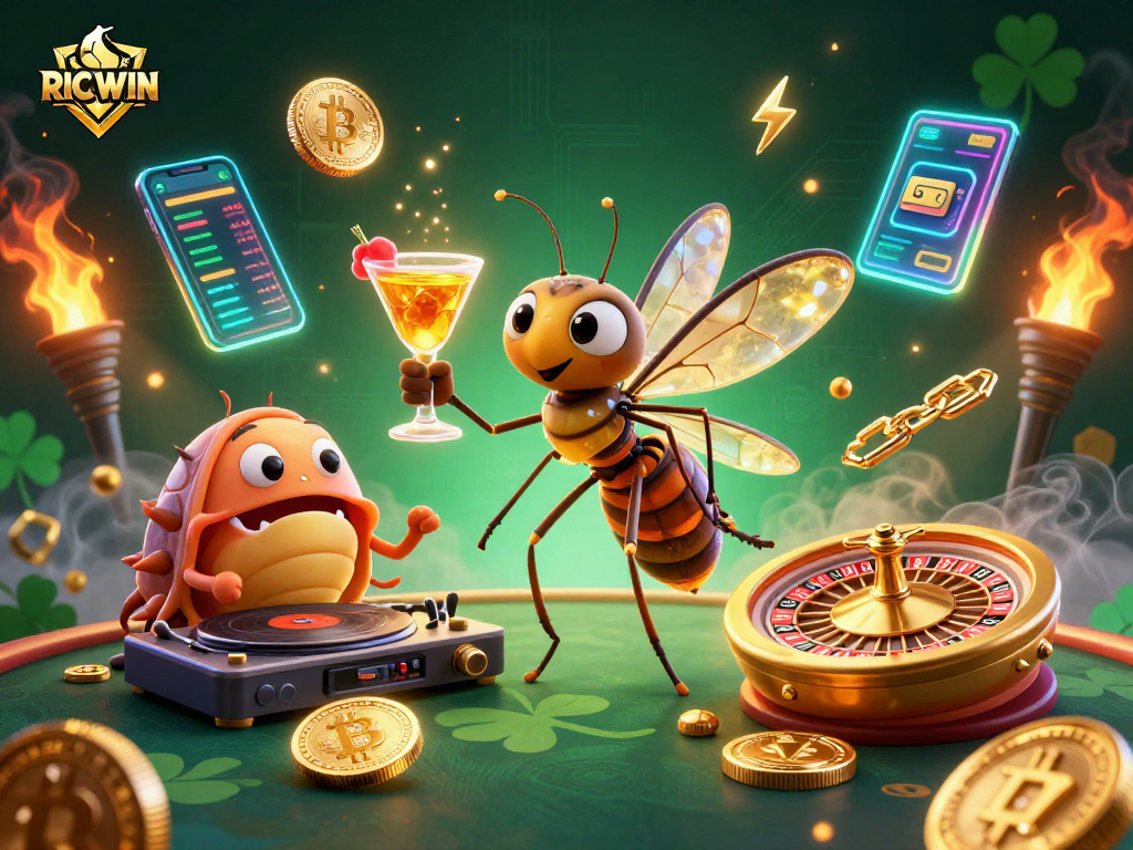 Engage with RICWIN's thrilling casino scene featuring a unique frozen mosquito mascot and vibrant crypto elements.