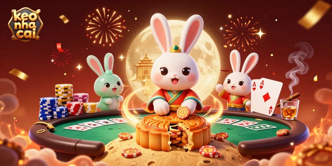 Engage with keo nha cai action through a vibrant 3D poker scene featuring moon rabbits and festive elements.