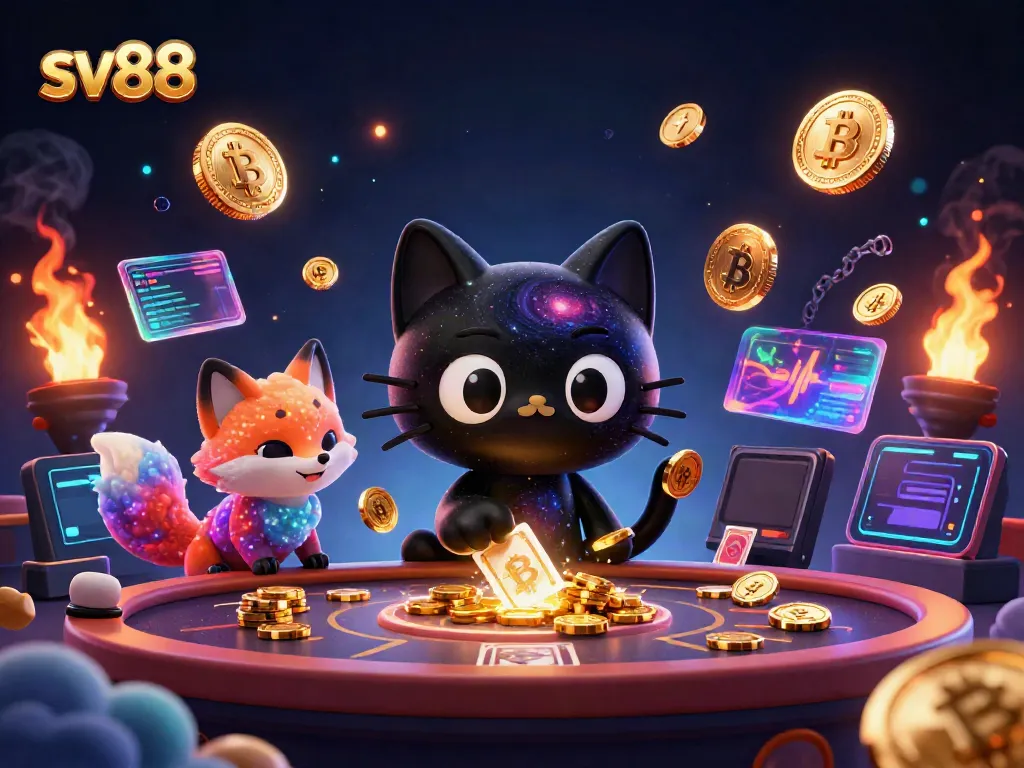 Engaging sv88 casino scene with cosmic characters attracting chips and cards amidst glowing cryptocurrencies.