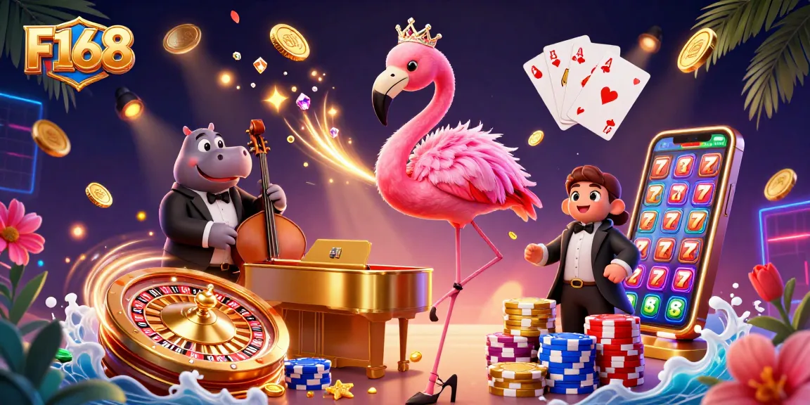 Win big at F168 in a vibrant casino atmosphere with dynamic game elements and characters.