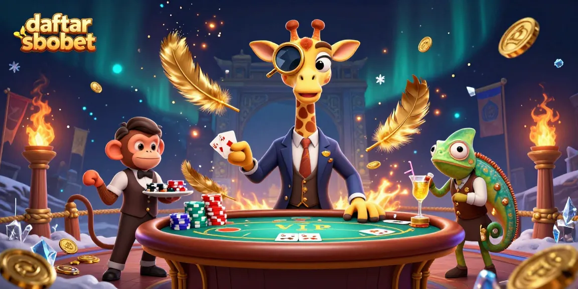 Engage in daftar sbobet with a high-roller giraffe at a lively poker table in this vibrant illustration.