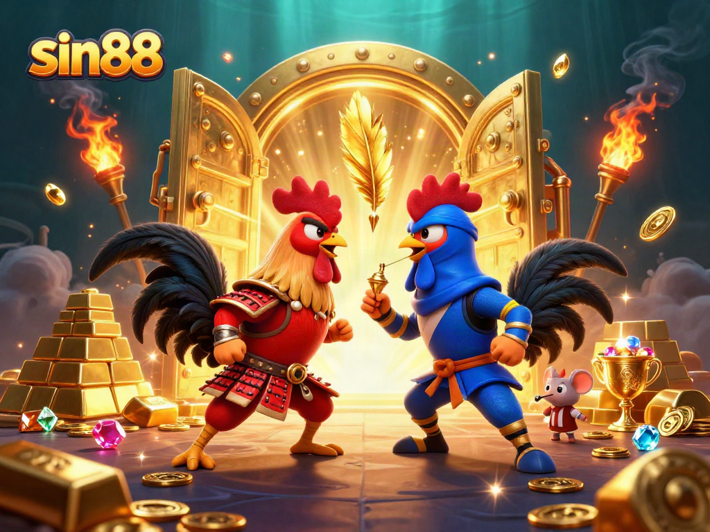 Experience thrilling action in sin88 as roosters clash in a vibrant 3D fighting scene filled with treasure.
