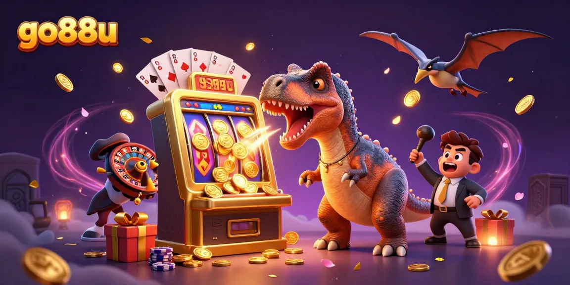 Experience the thrill of go88u as characters celebrate jackpots and coins rain down from a slot machine.