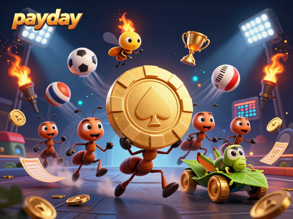 Bet on payday with a heist scene of ants and golden poker chip, dynamic sports action