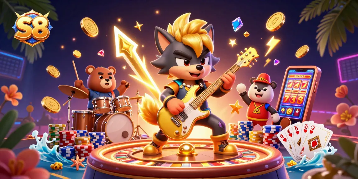 S8's rock star wolf and drummer bear light up the casino stage, surrounded by flying gold coins and sparkling gems.