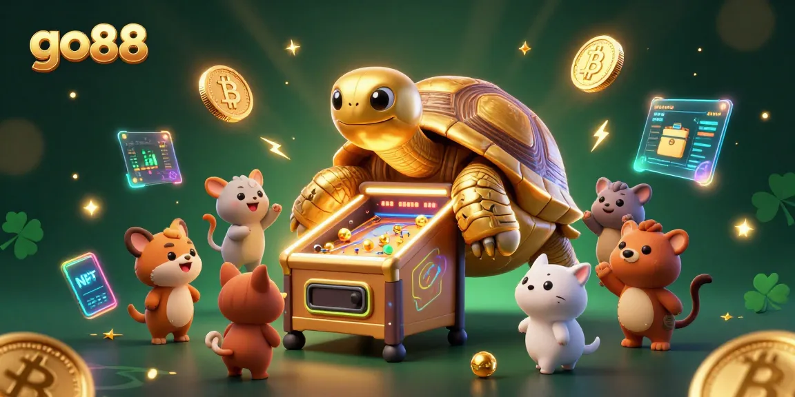 Experience the excitement of go88 with a colossal golden tortoise in a vibrant casino scene.
