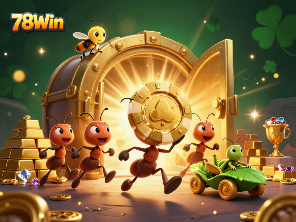 Experience thrilling action in 78Win's colorful cartoon heist scene with ants, golden chips, and treasure.