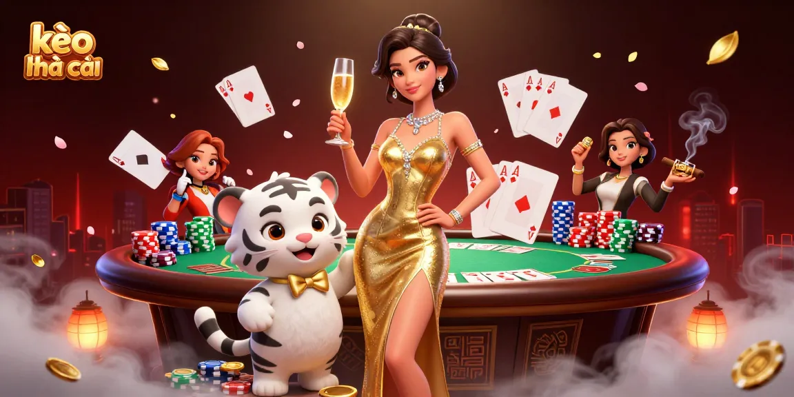 Explore exciting kèo nhà cái with a glamorous woman and a lucky tiger in a vibrant casino scene.