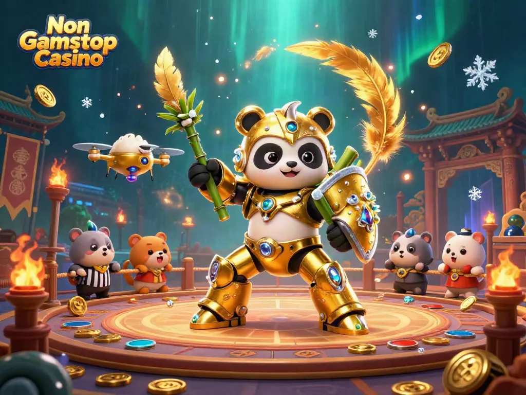 Action-packed scene at a Non Gamstop Casino featuring a mech-suit panda in a vibrant arena.