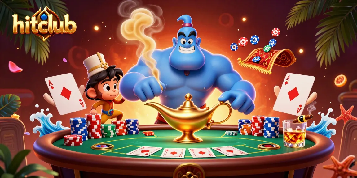 Join the excitement at hitclub, where a genie, monkey, and poker chips create a vibrant casino scene.