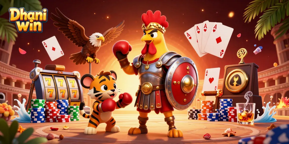 Dhani win offers lively casino gameplay, showcasing a rooster gladiator amid vibrant slot reels and poker elements.
