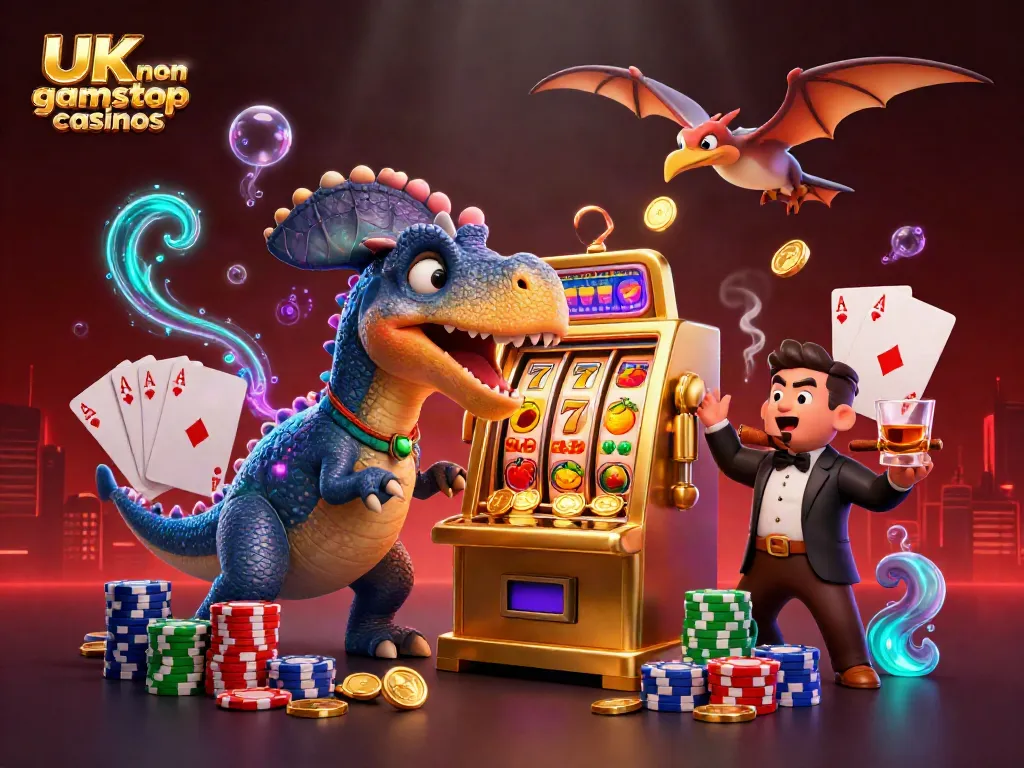 UK non gamstop casinos scene with playful dinosaurs and vibrant slots.