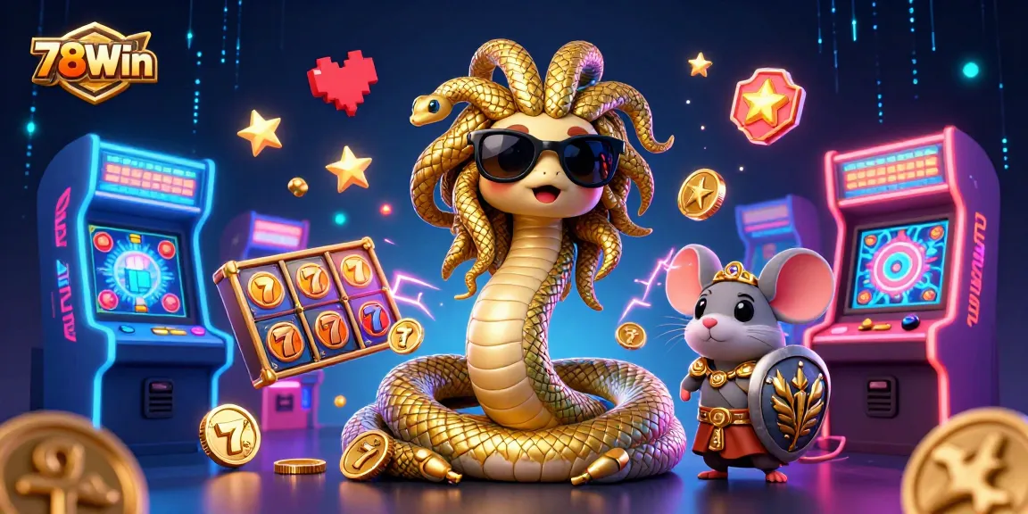 Experience exhilarating gaming action with 78Win, showcasing vibrant 3D designs of slots and characters.