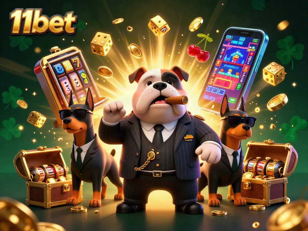 11bet features a cheerful mafia bulldog and Dobermans amidst vibrant slot machines and casino games.