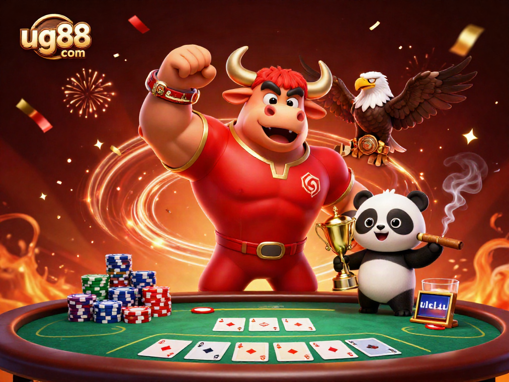 Engage with exciting poker action at ug88 com, featuring a bull mascot, eagle, and panda dynamic scene.
