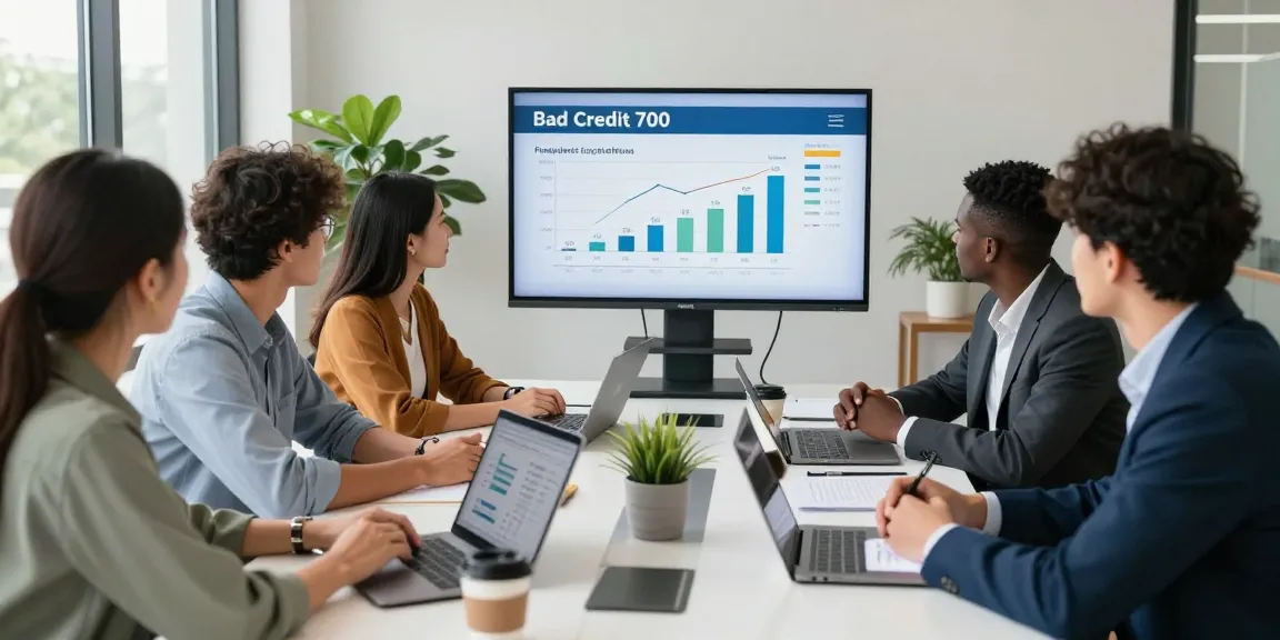 Discussing bad credit 700 loan options in a vibrant financial office.