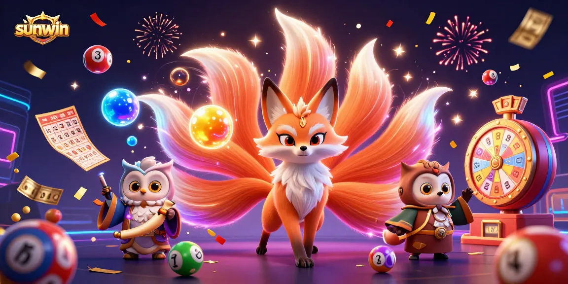 Engage with thrilling chances to win at Sunwin's vibrant casino featuring colorful lottery elements and mystical spirits.