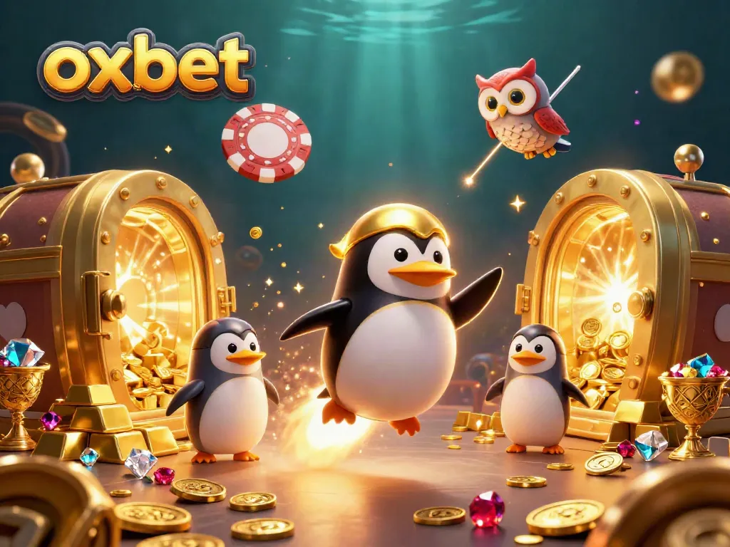 Experience winning moments with Oxbet’s unique golden penguin and casino features in a vibrant 3D illustration.