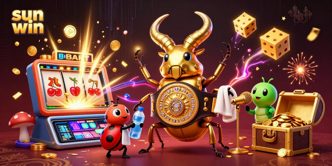 Join the sun win adventure with a golden stag beetle boxing champion in a vibrant casino scene.